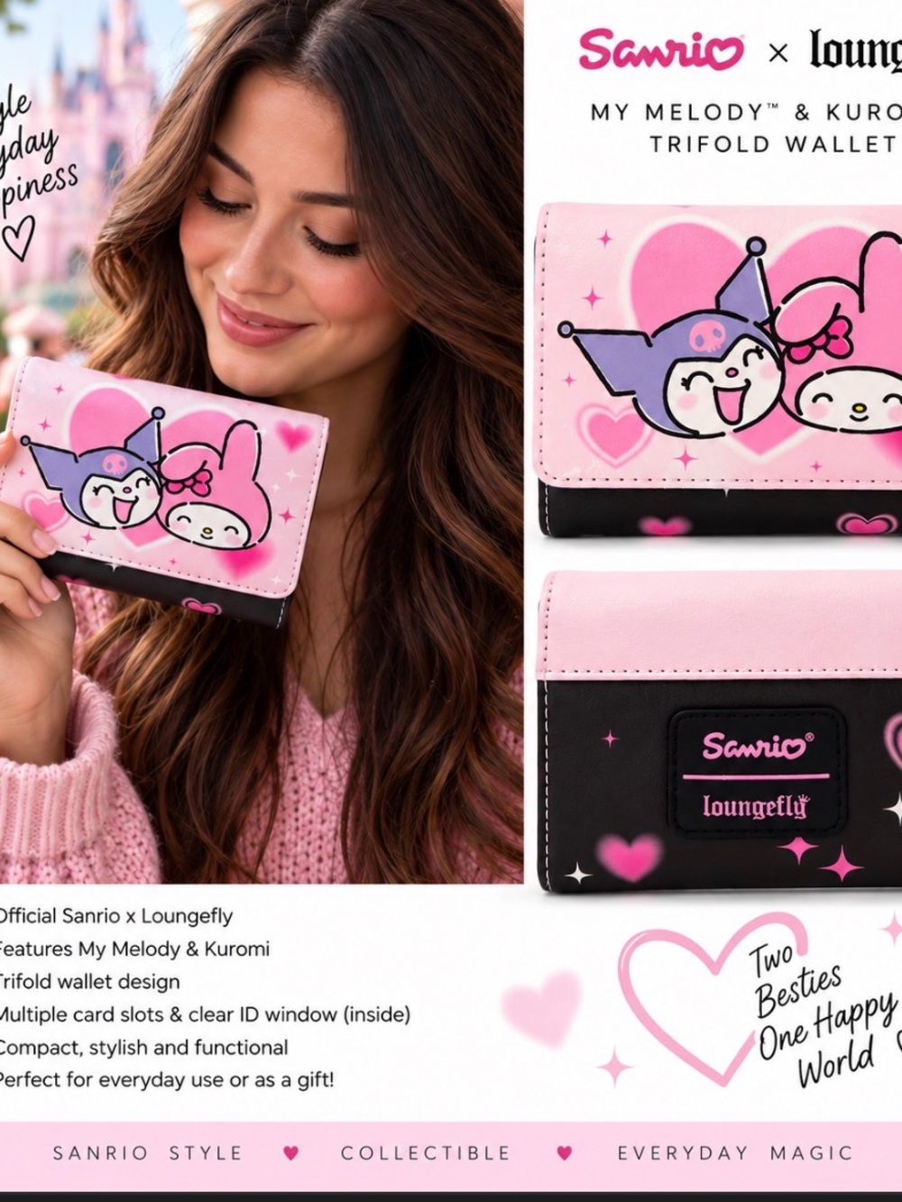 Loungefly Sanrio My Melody & Kuromi Pink Trifold Wallet NWT